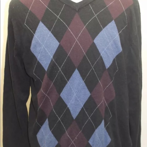 Sebastian Cooper Men Sweater Black Argyle Large V-Neck Cotton Cashmere Large - Picture 3 of 7